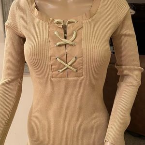 NWT DOUBLJU TAN COLORED TSHIRT SWEATER WITH EYELET POINT FRONT TIE
